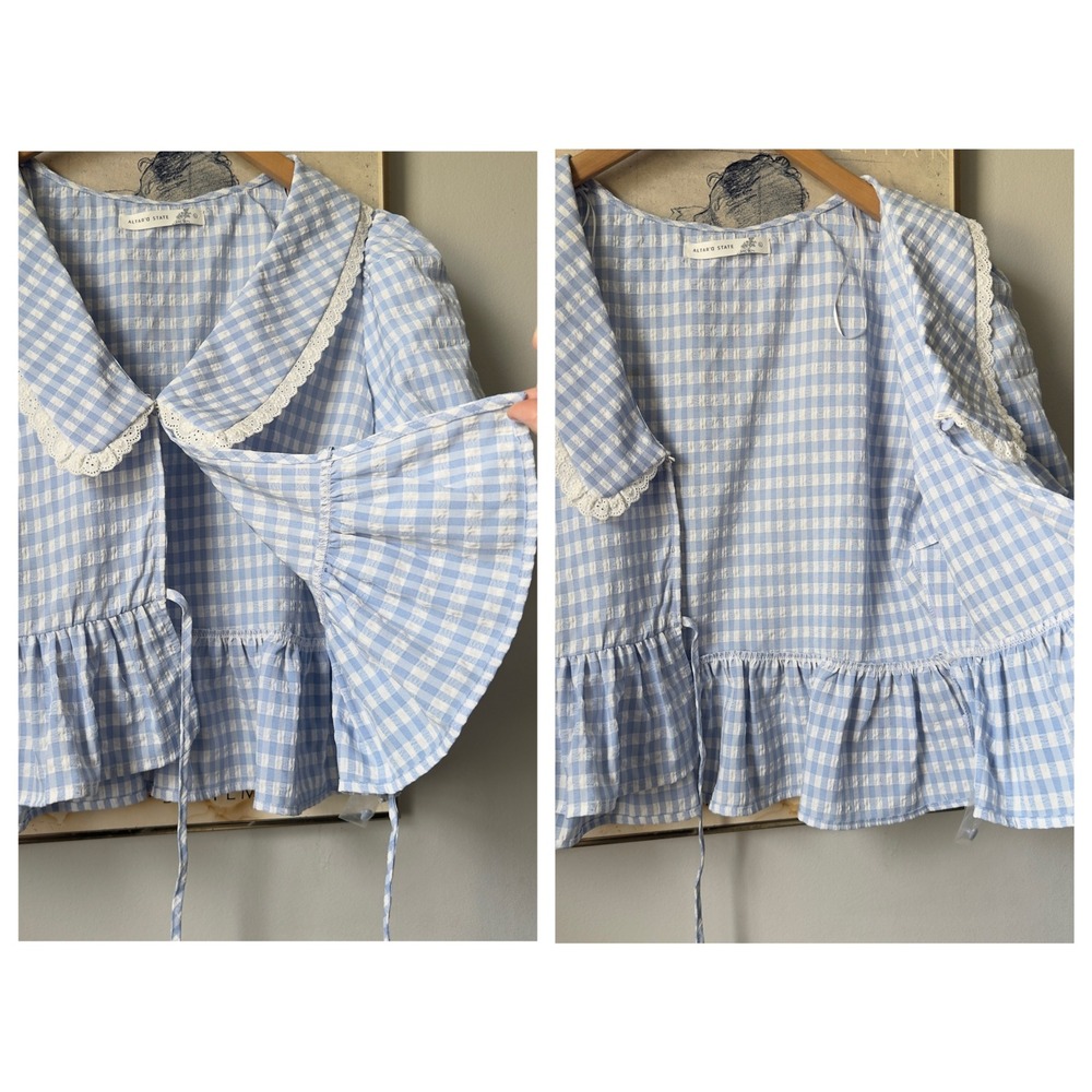 Coquette Blue White Gingham Peter Pan Collar Peplum Puff Sleeve Blouse Large - Picture 6 of 12
